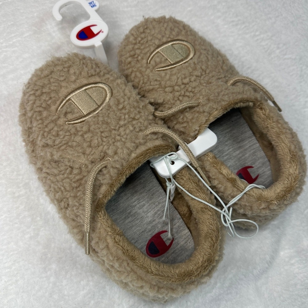Champion University Sherpa Slipper Womens 7 Mens 5 Tan Gold Faux Fur Logo